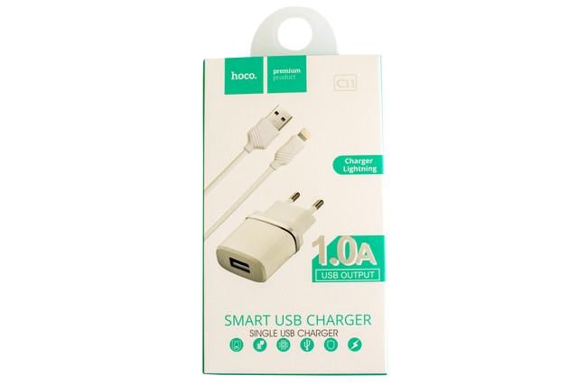 Зарядное устройство Hoco C11 Smart cетевое Usb 1 A + кабель Lightning White - фото 2