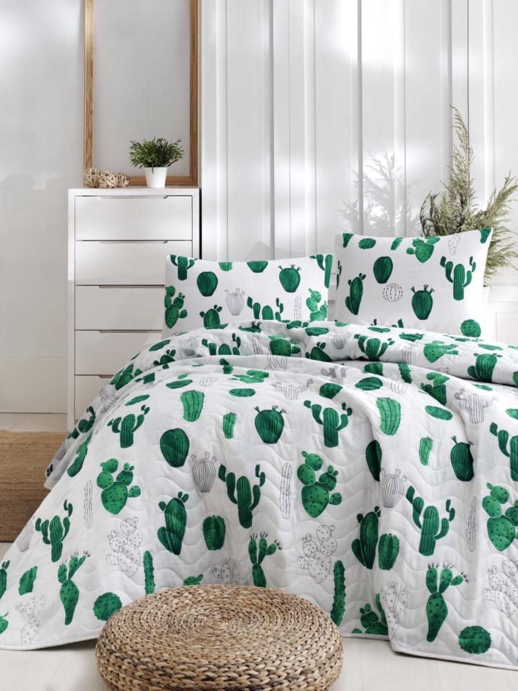 Покрывало стеганное с наволочкой Eponj Home Kaktus yesil 160х220 Зеленый (svt-2000022207669)
