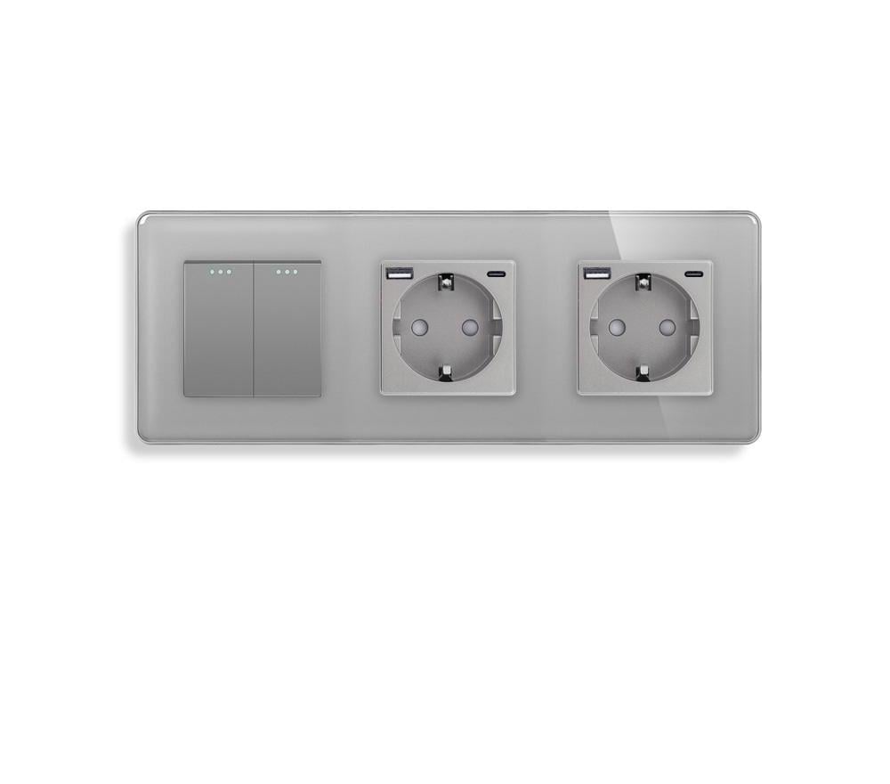 Выключатель перекрестный ELIOS 2-клавишный с двумя розетками USB A+C 20Вт с заземлением/защитными шторками Серый