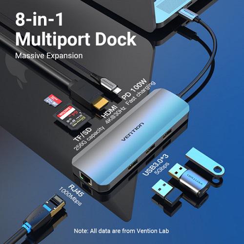 Док-станція Vention TOKHB USB3.1 Type-C-HDMI/USB 3.0x3/RJ45/SD/TF/PD 100W - фото 3