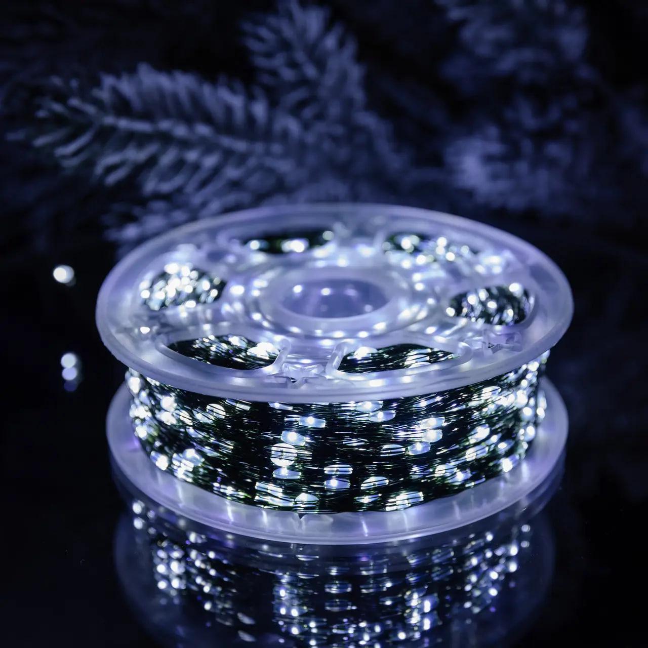 Гирлянда роса на пульте USB 100 LED светодиодов капля на зеленой проволоке 10 м Белый (USB100L10MGW)