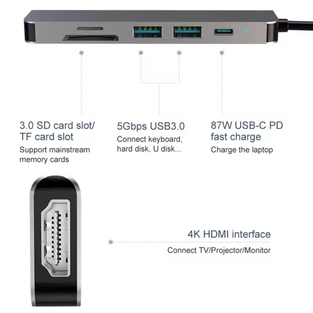 USB-хаб для ноутбука 6в1 4K HDMI 2 USB 3.0/SD/TF Card Reader/PD Female (Hub-6/1) - фото 3