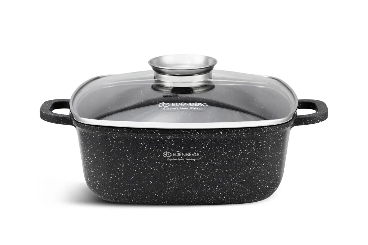 Каструля Edenberg EB-8111 2.8 л 20 см квадратна алюмінієва з гранітним антипригарним покриттям та скляною кришкою для всіх плит