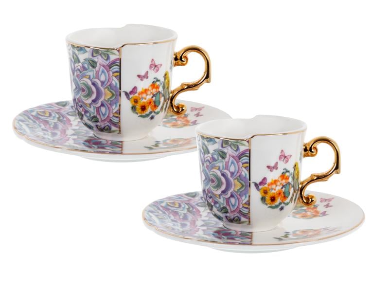 Набор кофейных чашек фарфоровых с блюдцем Lefard Цветочные узоры 100 мл Белый (925-053)