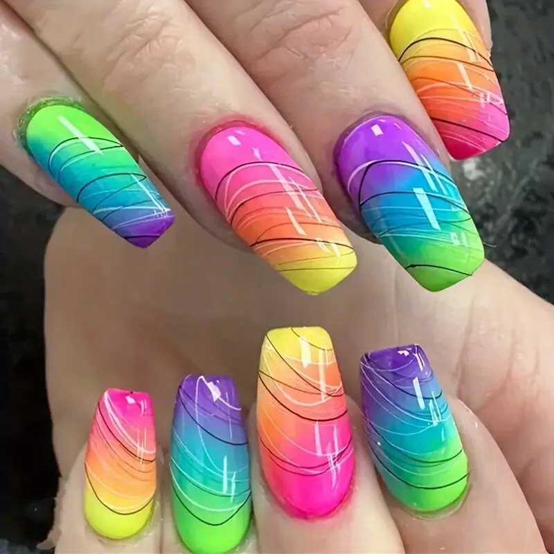 Нігті накладні Веселка квадрат середньої довжини з клейовими стіками 24 шт. Різнокольорові (3000003756) - фото 3