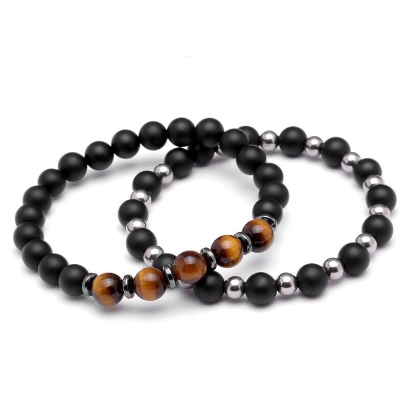 Комплект браслетів із шунгіту тигрового ока та гематиту р. 20 (12049)