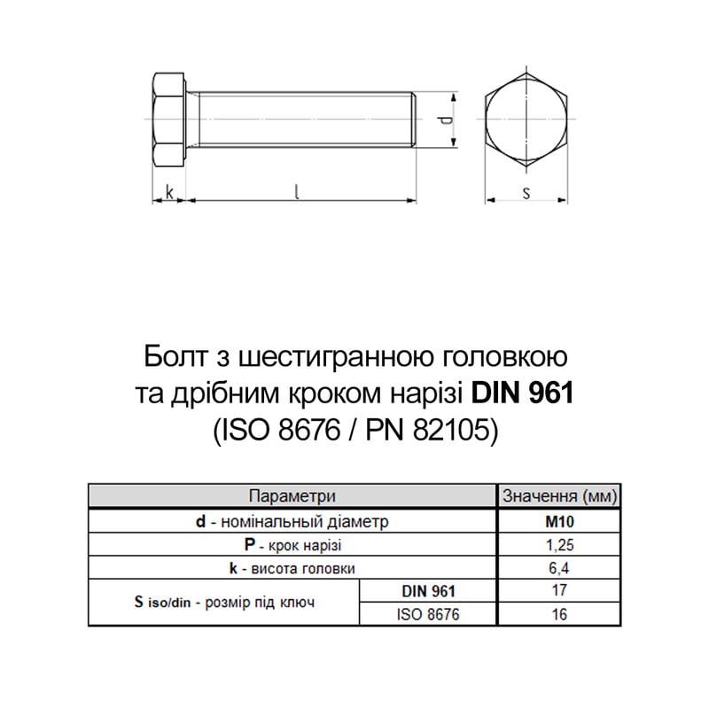 Болт шестигранная головка Metalvis DIN961 М10х30 полная резьба мелкий шаг 1,25 мм сталь 10.9 цинк под ключ 17 мм 1 шт. (5T60005T6X01253007) - фото 2