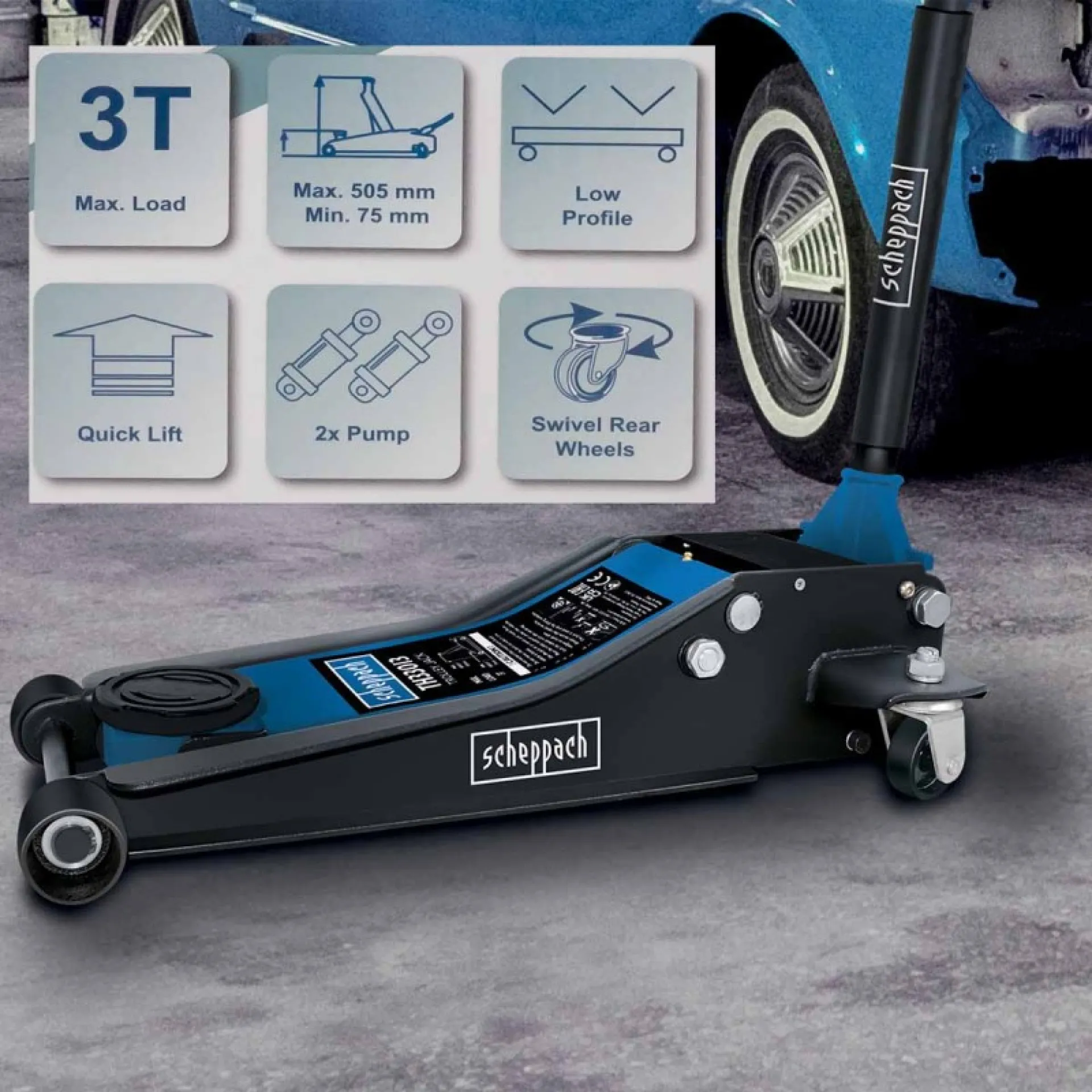 Домкрат подкатный Scheppach SCH-TH33013 низкопрофильный/двуплунжерный 3 т 75-505 мм (SCH-TH33013) - фото 2