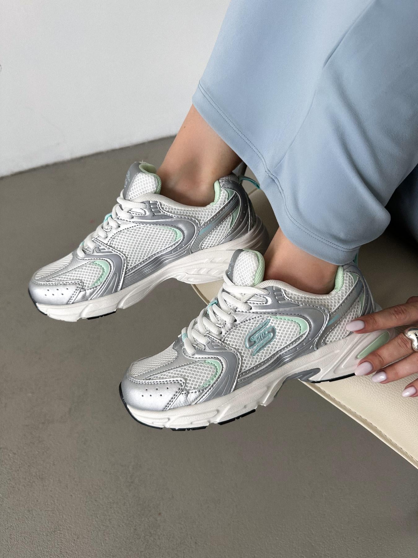 Кроссовки женские натуральная кожа/текстиль Серебристый (10222494)