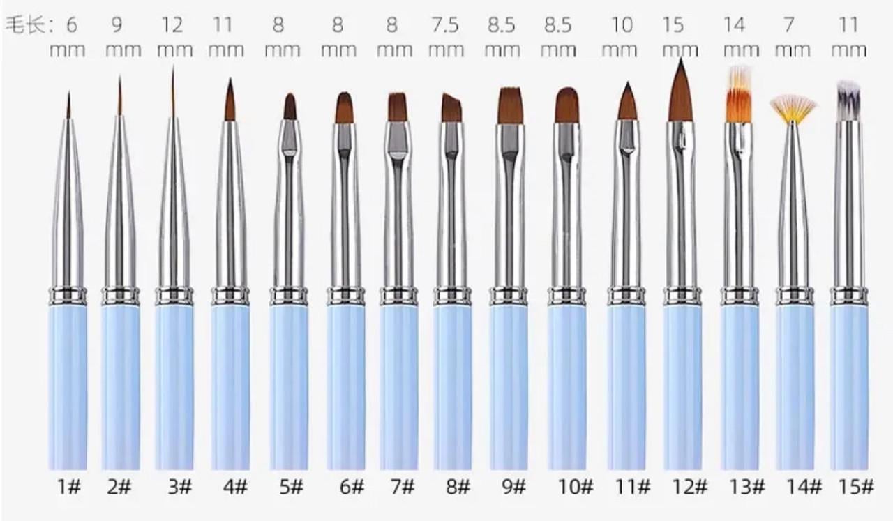 Набір пензлів із ковпачками в тубусі для нарощування та дизайну нігтів 15 шт./уп. - фото 6