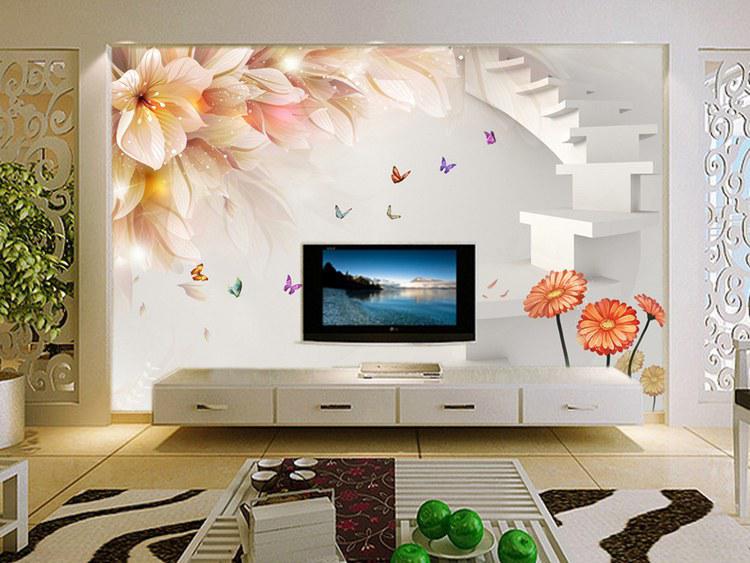 Фотообои 3D флизелиновые цветочные для спальни/зала/кухни Белые ступеньки и цветы