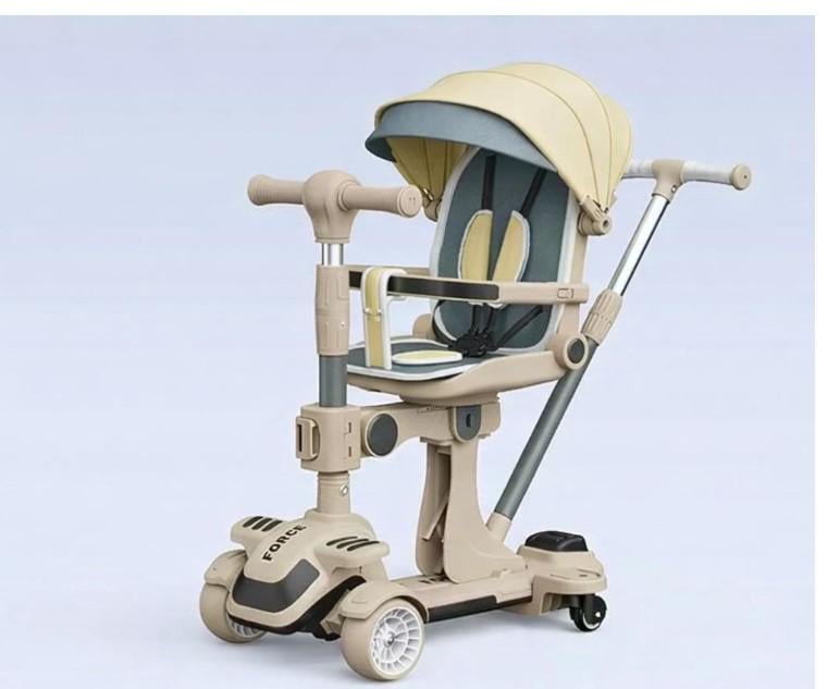 Самокат-трансформер детский 5в1 3-х колесный с подсветкой/музыкой/сиденьем/родительской ручкой Бежевый