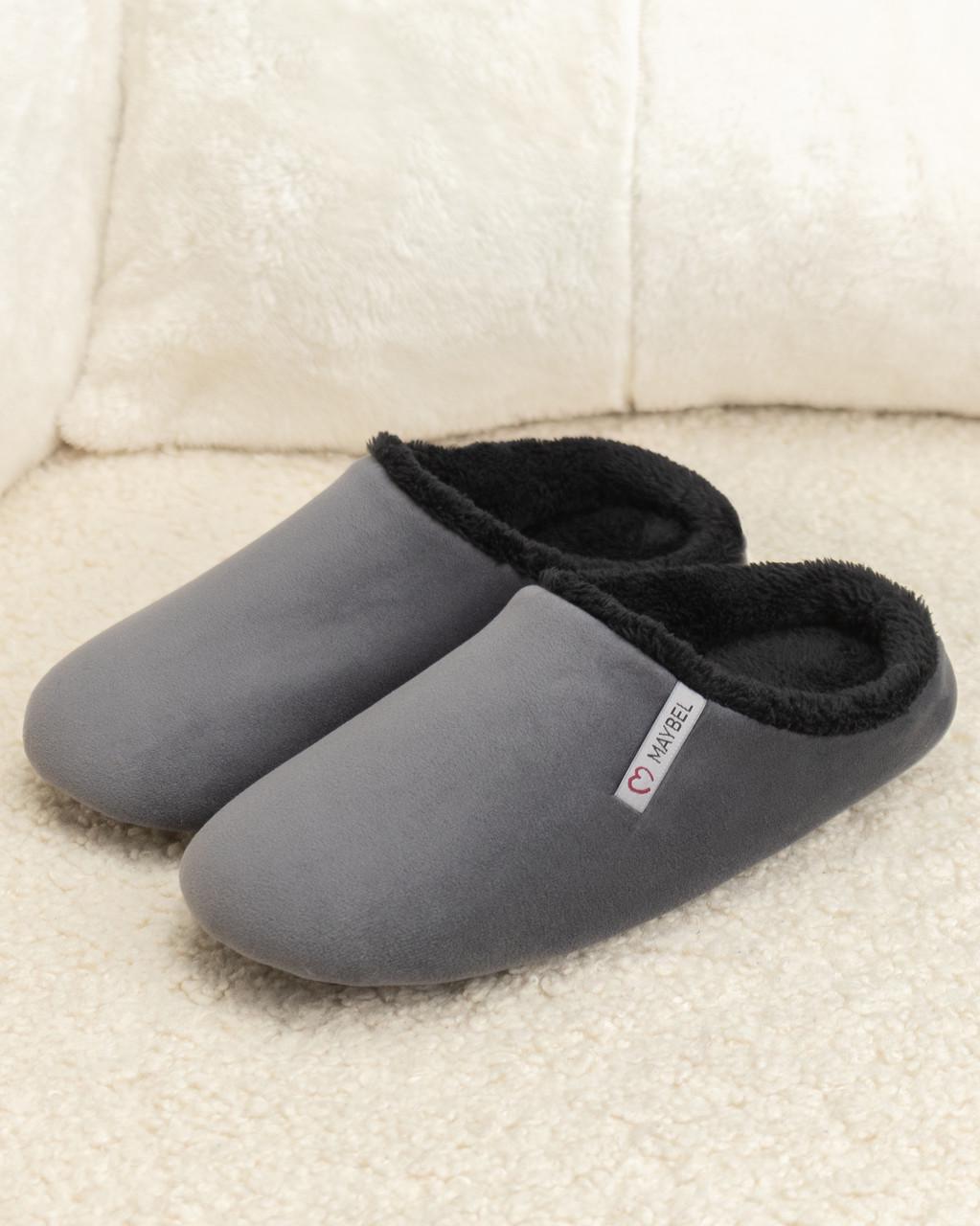 Тапочки домашние велюровые утепленные закрытые Графитовый/Черный (2133870642)