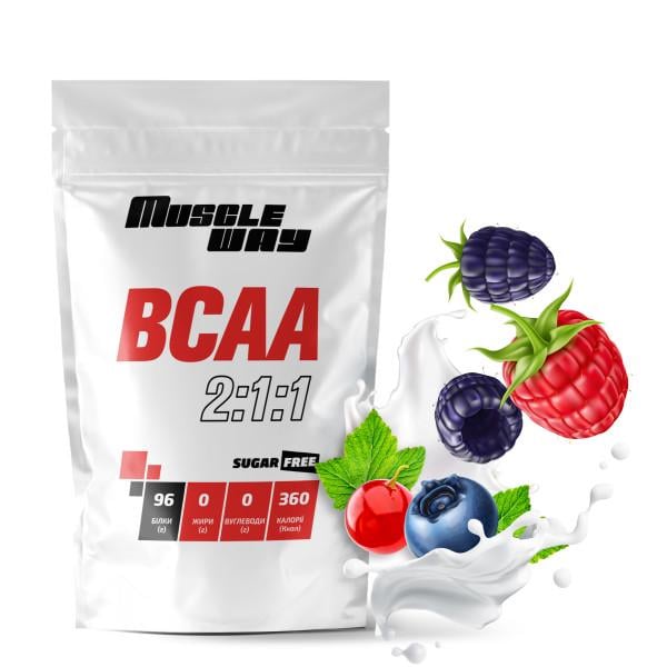 Комплекс амінокислот для росту м'язів і сушіння MuscleWay ВСАА 2:1:1 Sugar Free Лісові ягоди в порошку на 50 порцій 500 г (21-125-bcaa-mw-rs500.ly) - фото 1