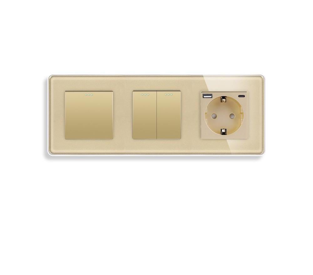 Выключатель проходной универсальный ELIOS 3-клавишный 1-2 с розеткой USB A+C 20Вт с заземлением 16А 230 В стекло Золотой
