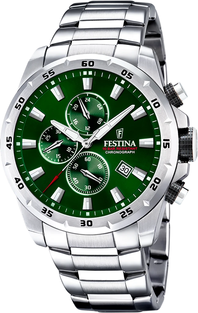 Наручний годинник чоловічий Festina Chrono Sport F20463/3 з сталевим корпусом/водозахистом 100 м та зеленим циферблатом