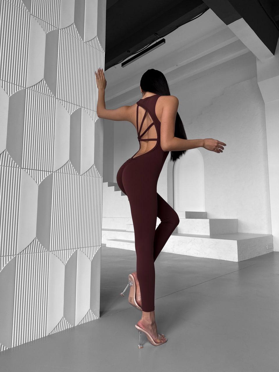 Комбінезон спортивний 4 бретелі довгий з чашками і пуш-ап M Шоколадний (WX05M) - фото 7