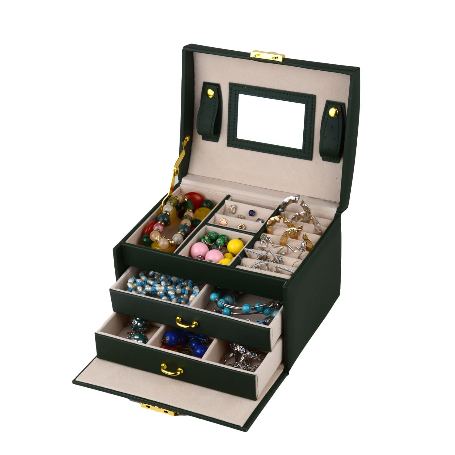 Шкатулка для украшений с зеркалом и ящичками 18х14х12.5 экокожа 12х12х5 см Зеленый (ШДД-13-2) - фото 3