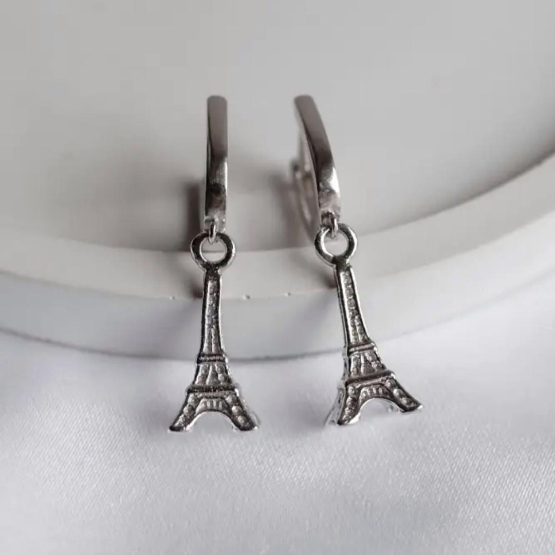 Серьги без камней с подвеской Эйфелева башня серебро 925 пробы родированное 3,10 г (2172)
