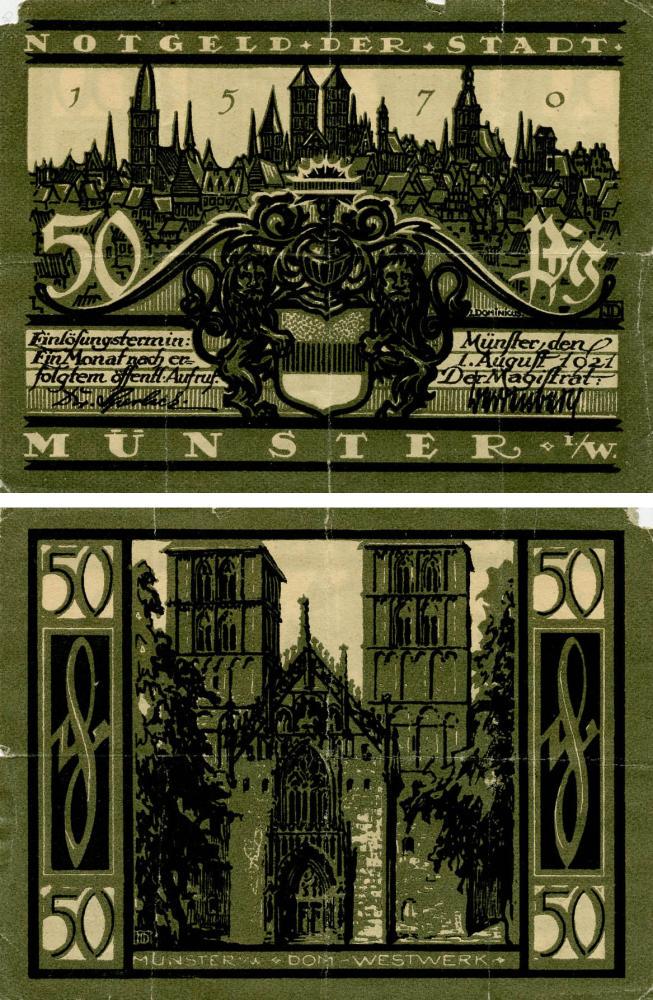Коллекционная банкнота Германия Нотгельд 50 пфеннигов 1921 F-VF Мюнстер Разновидность 1 (Б18809)