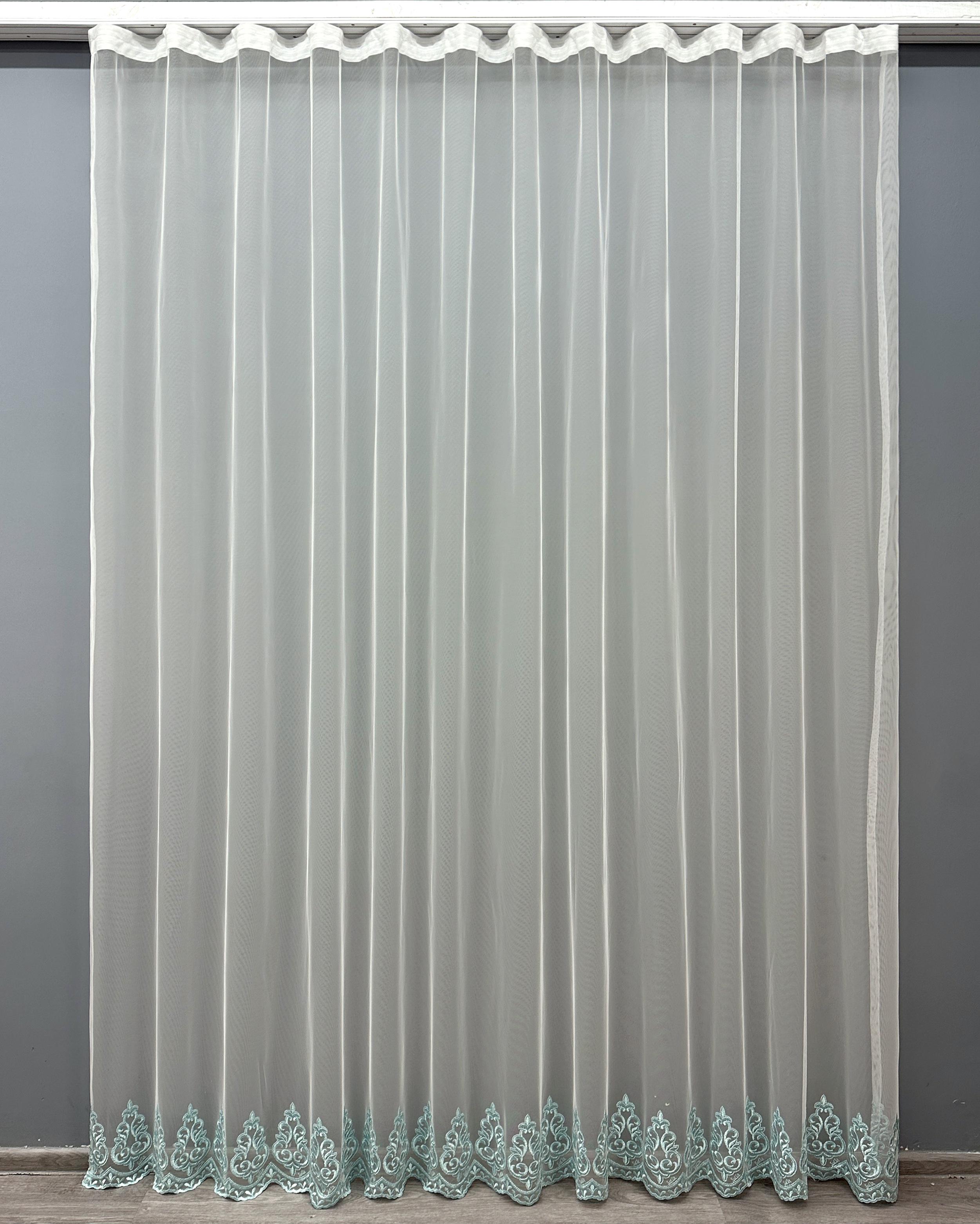 Тюль VR-Textil 1696т Грек-сетка с вышивкой и люрексом 300х270 см Молочный/Бирюзовый (42-0737)