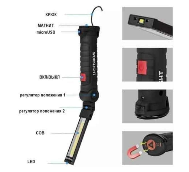 Ліхтар кемпінг Li-Ion W52-SMD/Cob акумулятор поворот 180 магніт затискач гак ЗУ microUSB White/Red - фото 7