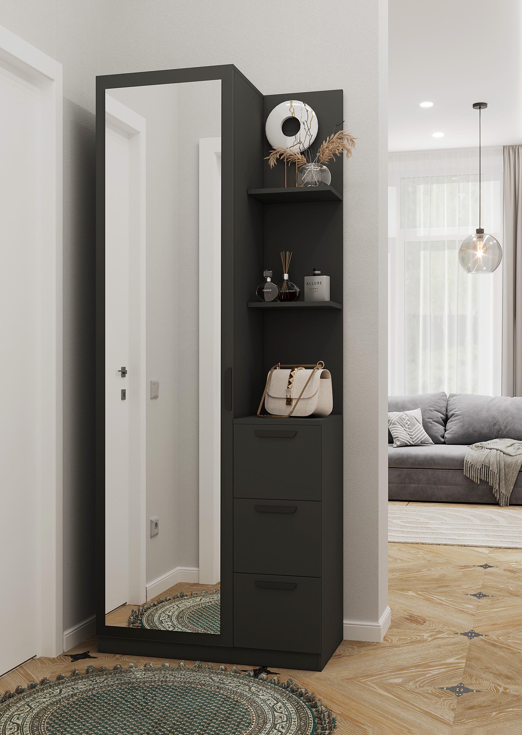 Вітальня з дзеркалом та полицями 200х80х40 см Антрацит - фото 1 Вітальня з дзеркалом та полицями 200х80х40 см Антрацит - фото 1