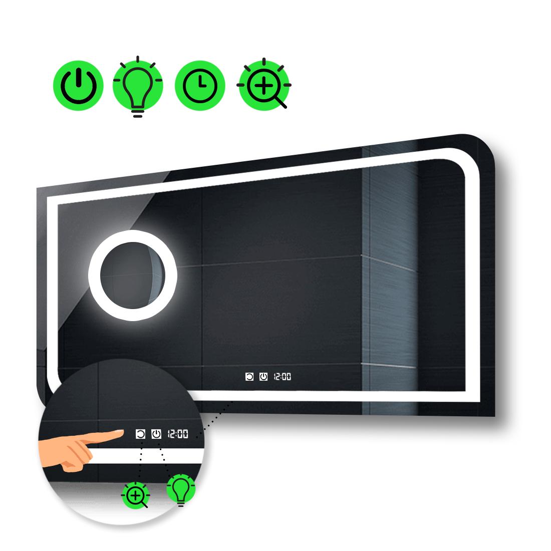 Зеркало с LED подсветкой Noemi с двумя сенсорами часами и линзой с подсветкой 80x70 см (Neomig52)