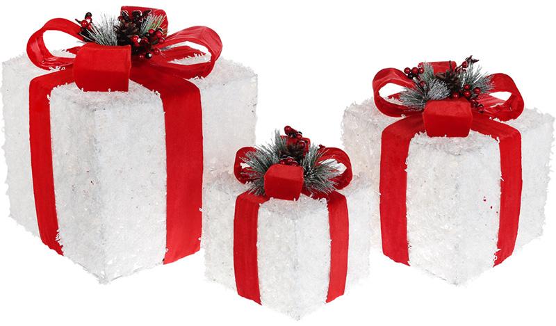 Набір декоративних подарунків з LED-підсвіткою 3 коробки 15/20/25 см Білий з червоним бантом
