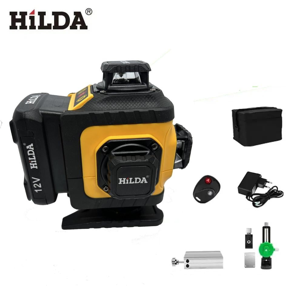 Лазерный уровень с зеленым лучом на 16 линий 360 градусов Hilda 4D Quick solution с поворотным основанием и башнями - фото 3