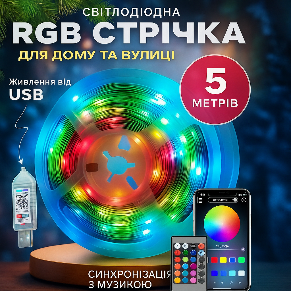 Світлодіодна стрічка LED RGB 5050 водонепроникна багатокольорова з USB живленням 5,5V 5 м (96415415) - фото 6 Світлодіодна стрічка LED RGB 5050 водонепроникна багатокольорова з USB живленням 5,5V 5 м (96415415) - фото 6