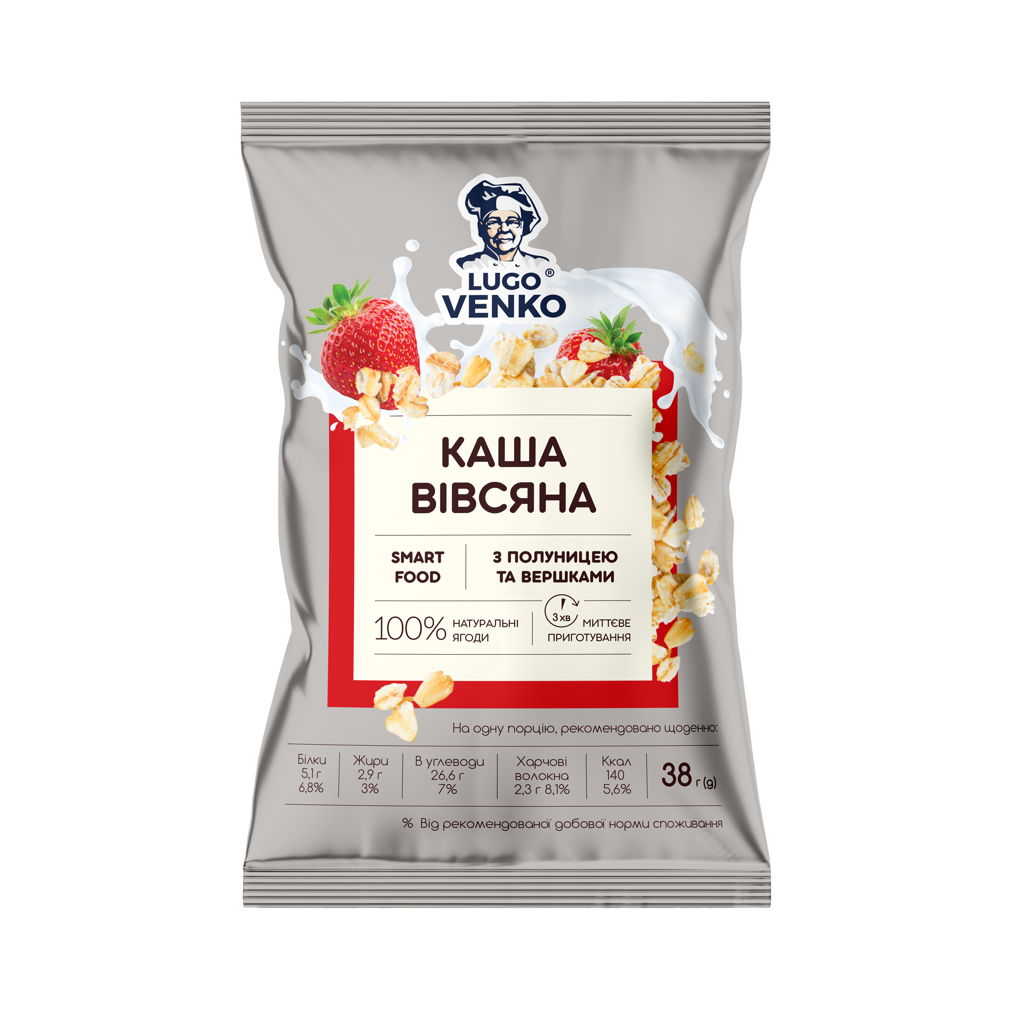 Каша вівсяна швидкого приготування LUGO VENKO з полуницею/вершками 38 г 6 шт. (4820056262704)