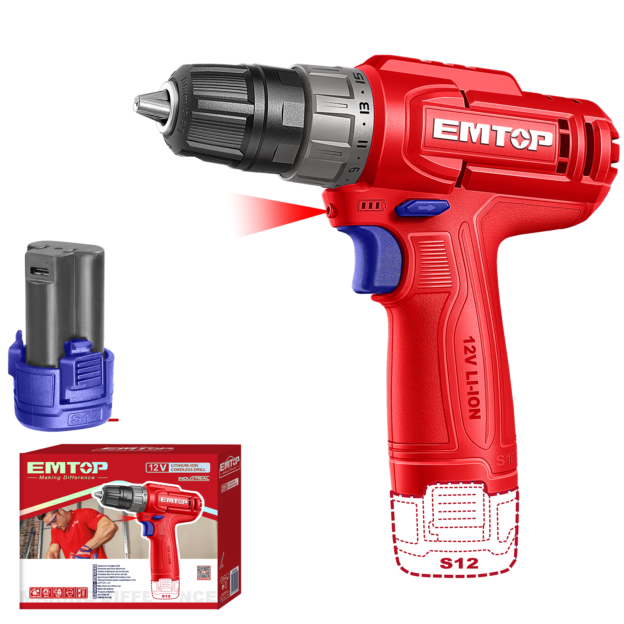 Дриль-шуруповерт акумуляторний EMTOP ECDL12456 без ЗУ