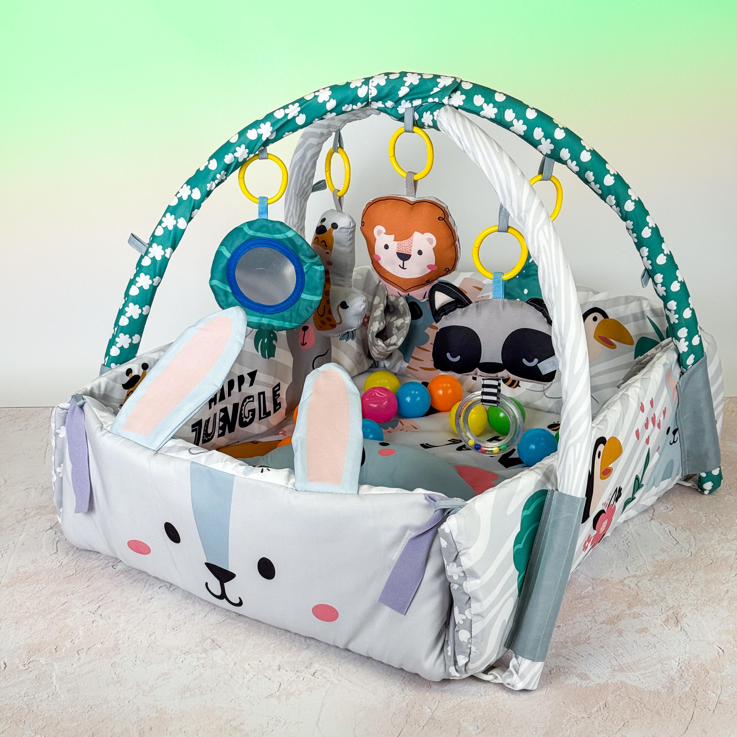 Развивающий термоковрик детский Зайчик с дугой/игрушками/подушкой с шариками