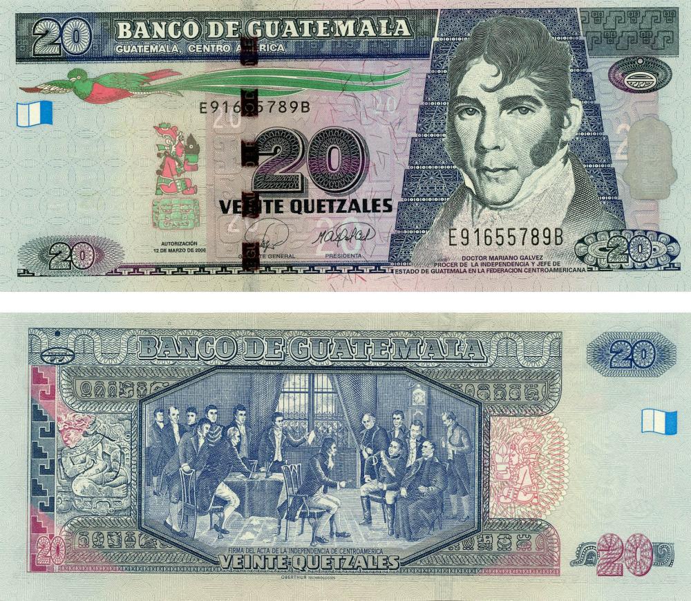Коллекционная банкнота Гватемала 20 кетсалей 2008 UNC P118 (Б03457)