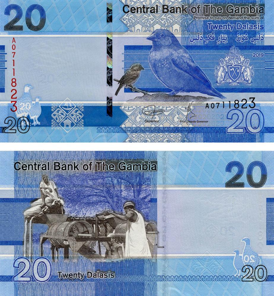 Коллекционная банкнота Гамбия 20 даласи 2019 UNC Птица Pnew (Б12375)