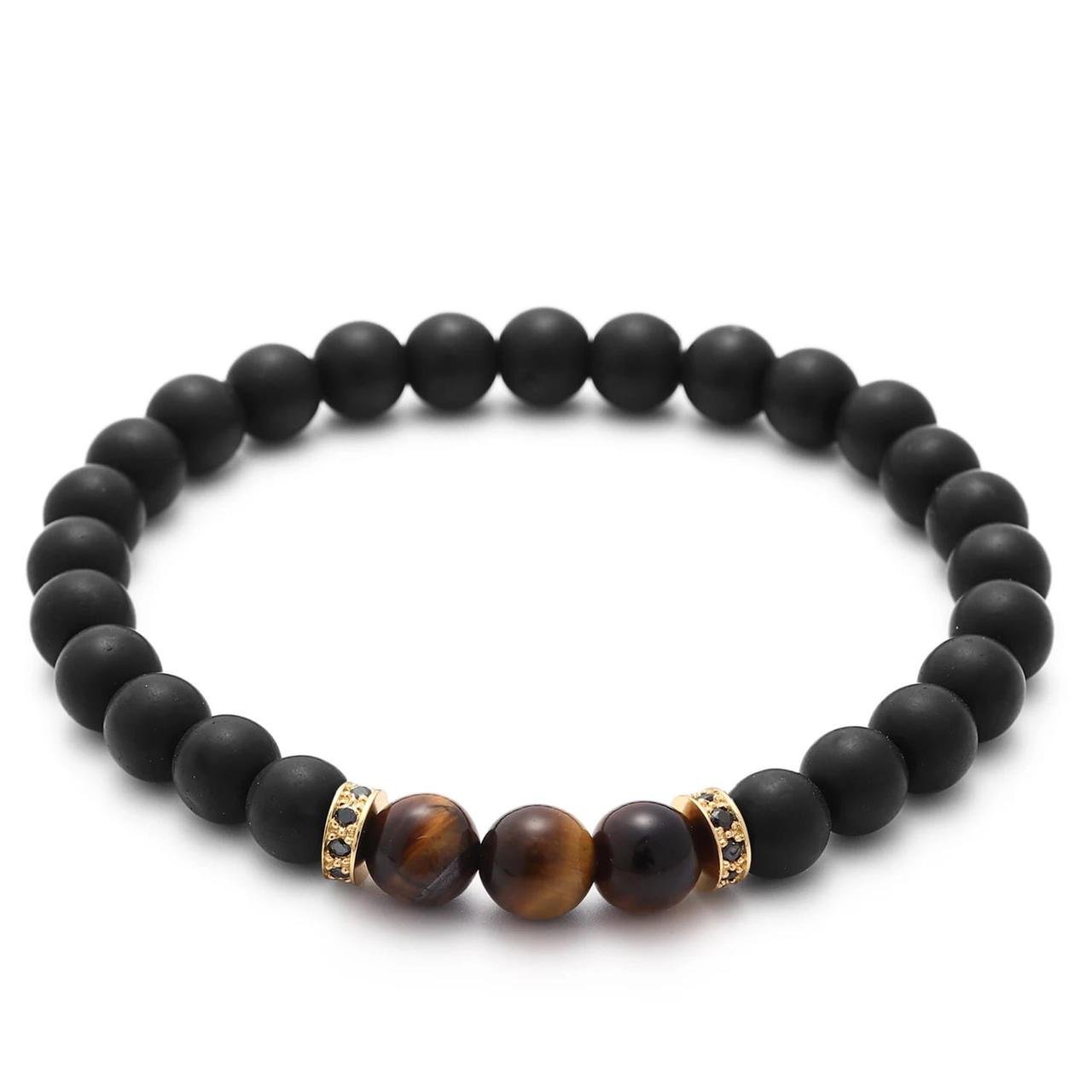 Браслет із шунгіту та тигрового ока з дисками р. 19 (90073)