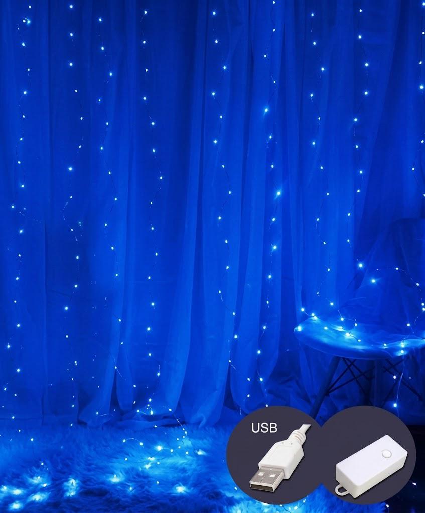 Гирлянда Штора-роса 3x2 м 10 линий 200LED реле 8 режимов USB Сине-белый (FFJ00259)