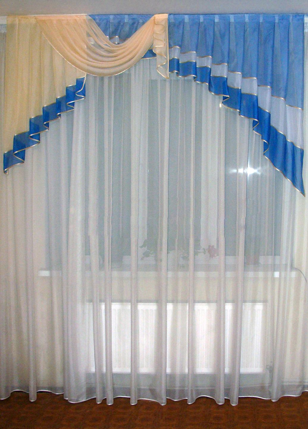 Ламбрекен Ассиметрия Шифон карниз 200 см Синий с голубым/Персиковый (28_2м)