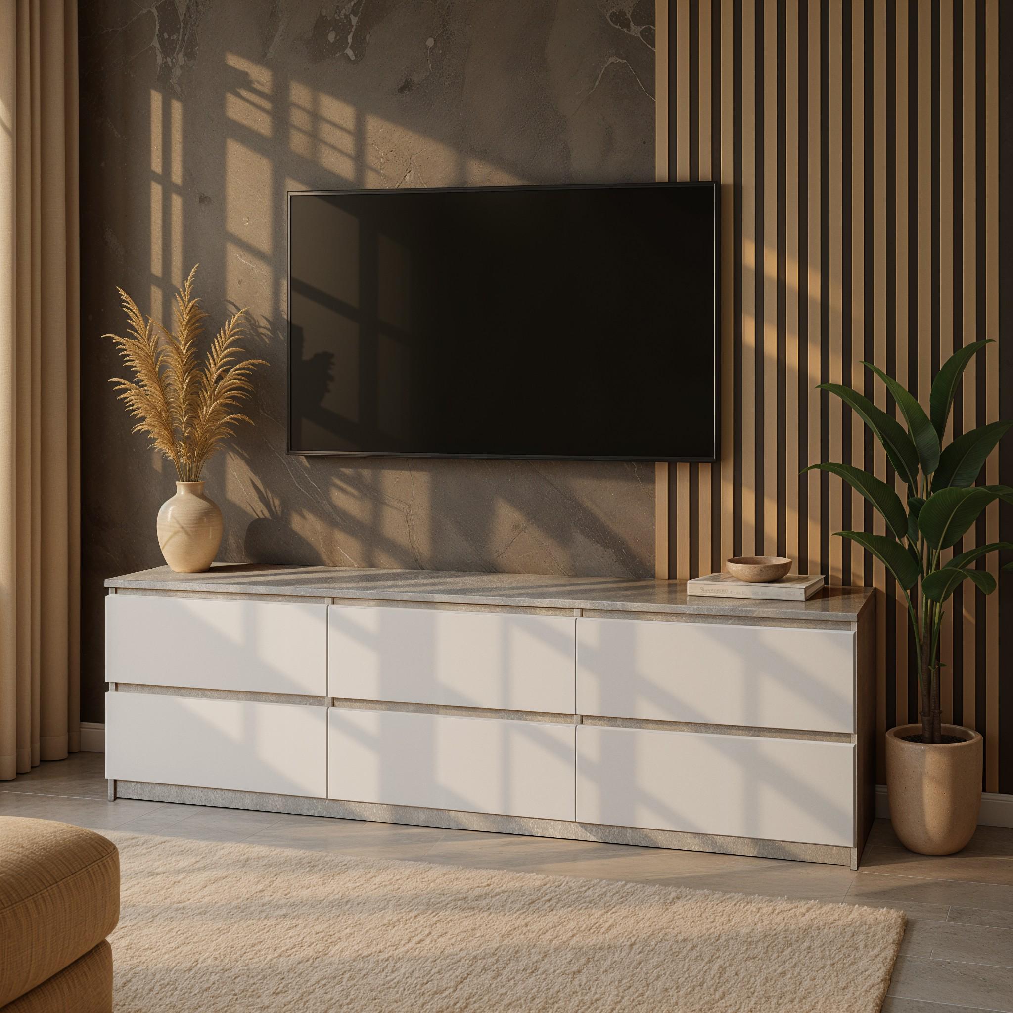 Тумба под телевизор на 6 ящиков без ручек Kvatro 1400х370х500 мм Бетон/Белый