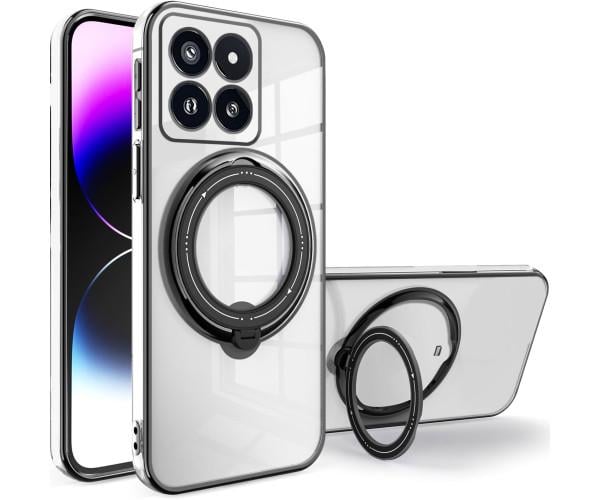 Силиконовый чехол накладка Clear Case для Xiaomi 14 Pro с металлическим кольцом держателем и защитой для камеры Черный