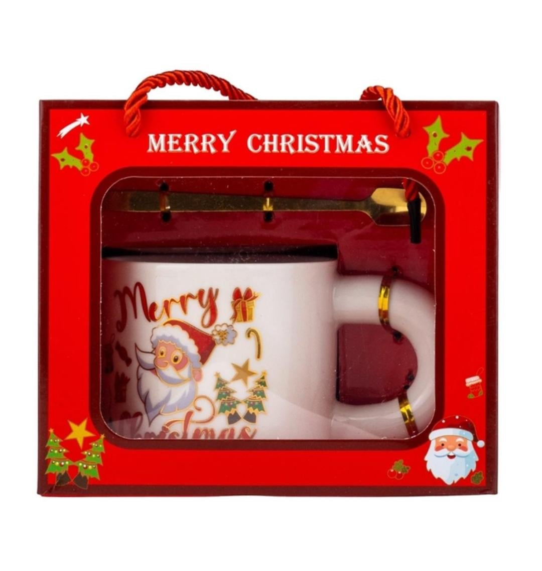 Чашка новогодняя Elisey 9150-021 Funny Santa керамическая с ложкой 300 мл