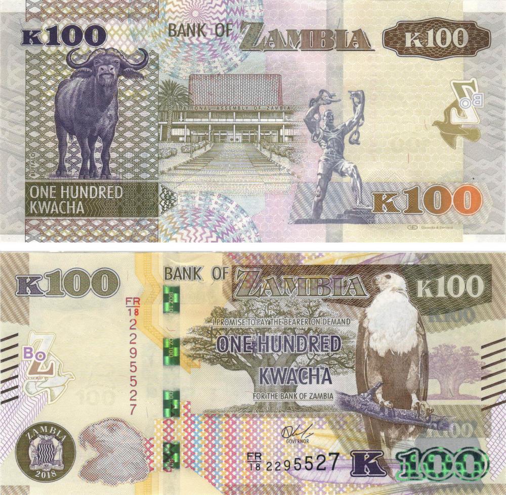 Коллекционная банкнота Замбия 100 квача 2018 UNC Буйвол P67 (Б11068)