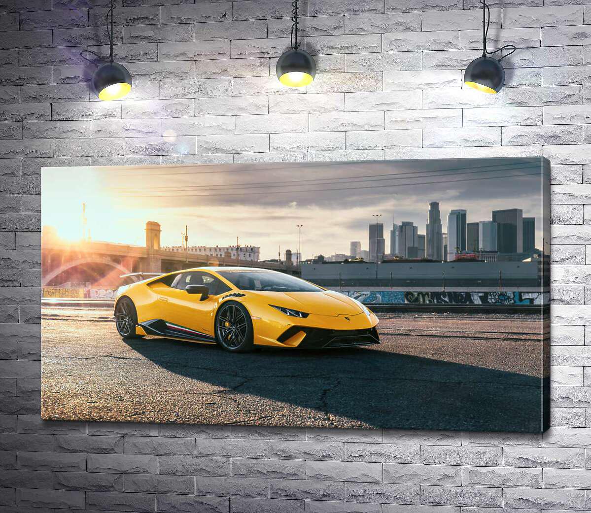 Картина ArtPoster Желтый автомобиль Lamborghini Huracan в лучах солнца 100x56 см Модуль №1 (004361)