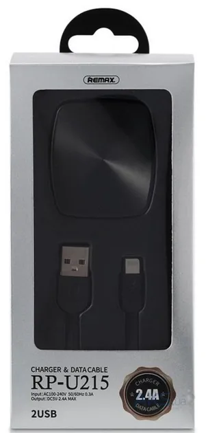 Зарядное устройство для сети Remax RP-U215i 2,4 A 2 USB кабель Lightning 220 V EU Черный (6954851289623) - фото 1