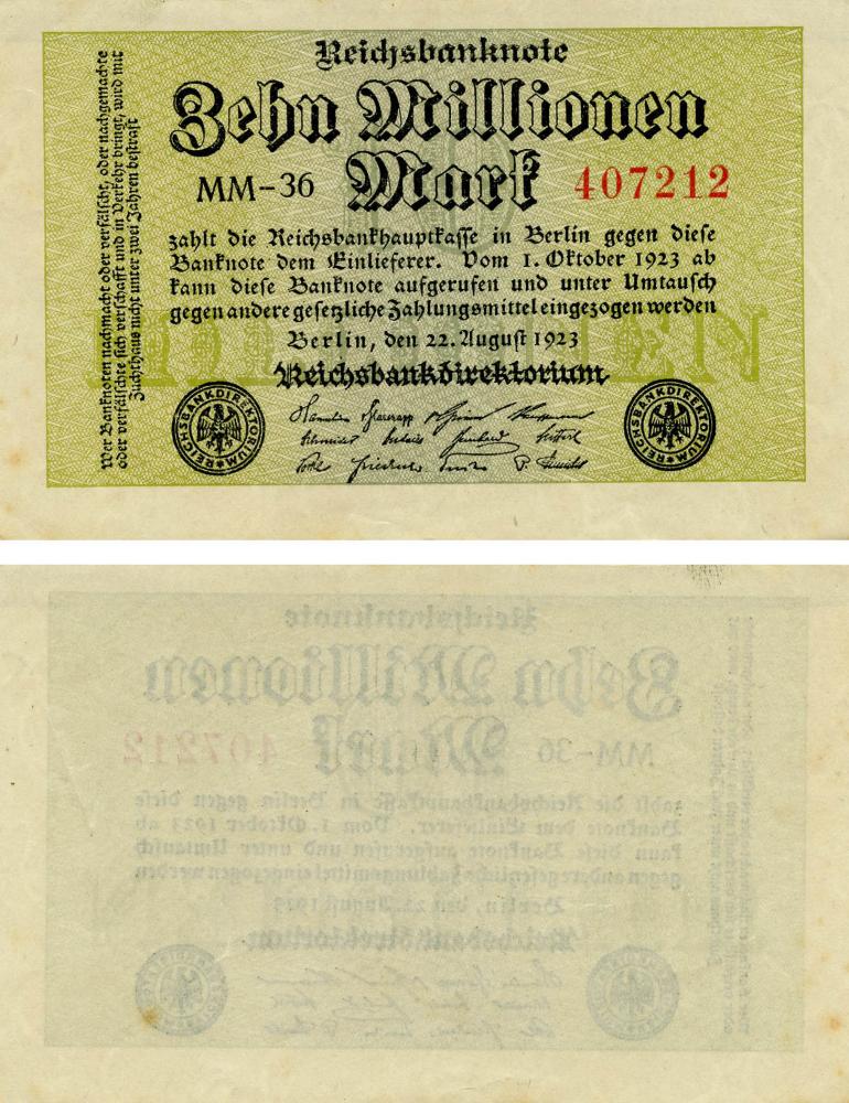 Коллекционная банкнота Германия 10000000 марок 1923 VF-AU P106 (Б13213)