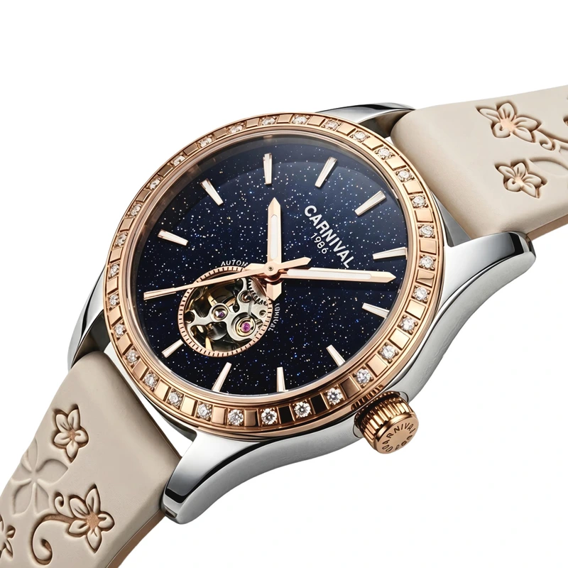 Годинник жіночий механічний Carnival Lady Elite Beige Flower 2 ремінці (37561)
