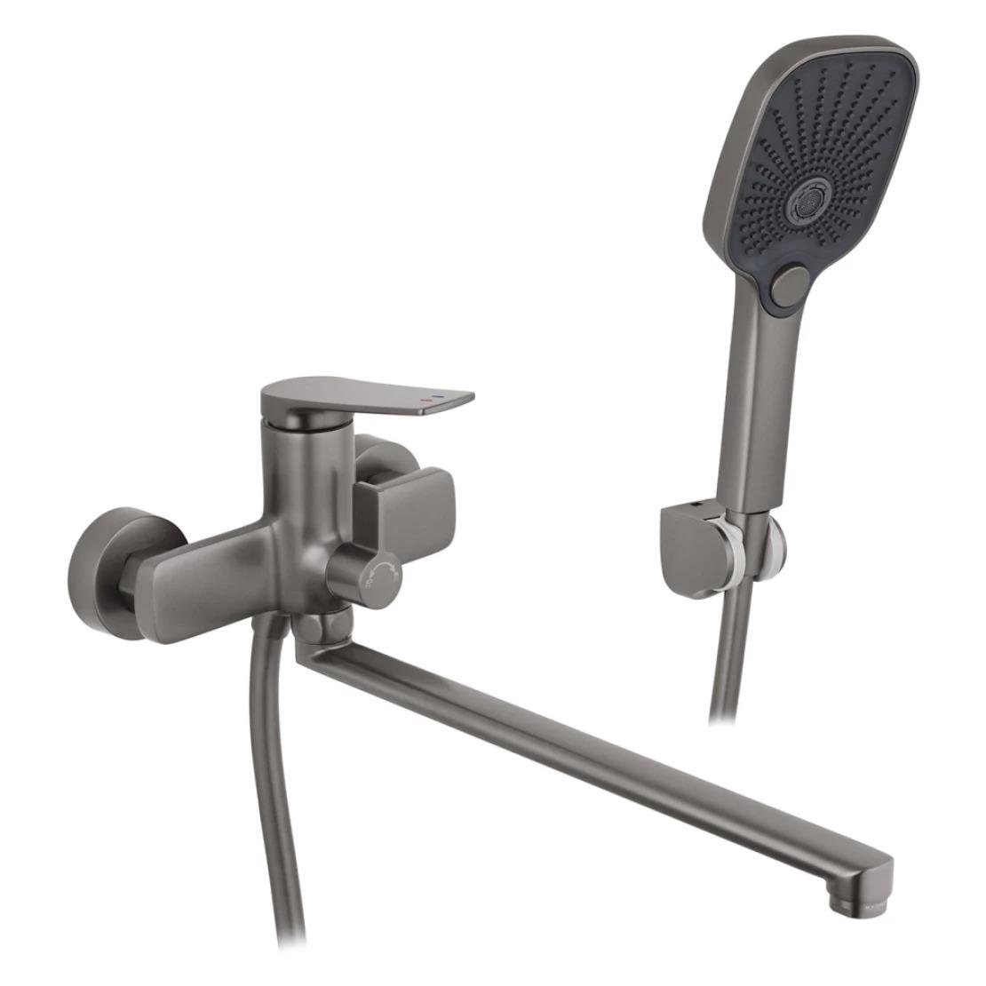 Змішувач для ванни з довгим носиком Kroner KRP Makon-GRP070 з душем Графітовий (Makon-GRP070 )