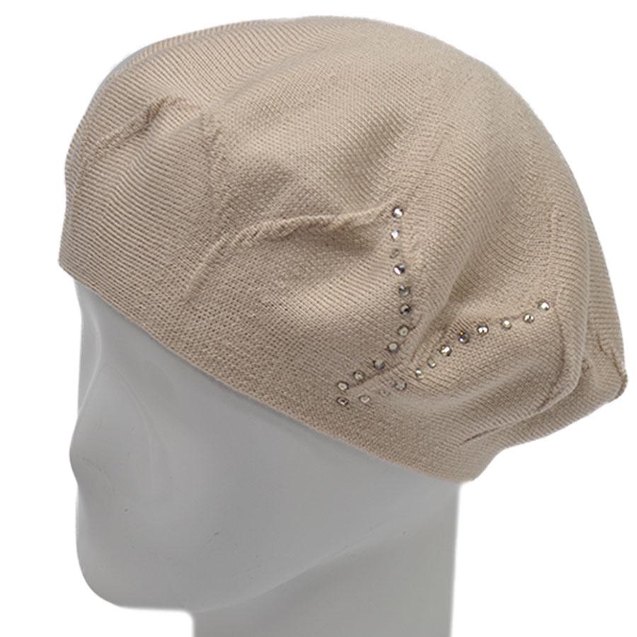 Берет Lirus Ирис двойной из шерсти тонкой вязки сбоку с камнями р. 56-58 Светлый лен