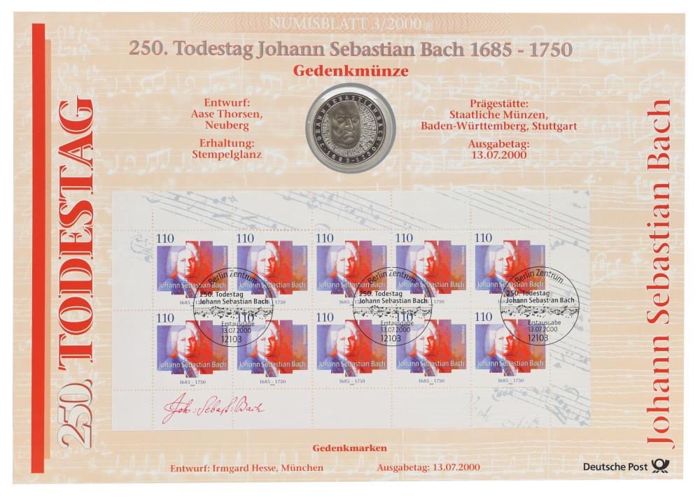 Коллекционная монета Германия 10 марок 2000 UNC F Композитор Иоганн Себастьян Бах в сувенирной упаковке (М21726)